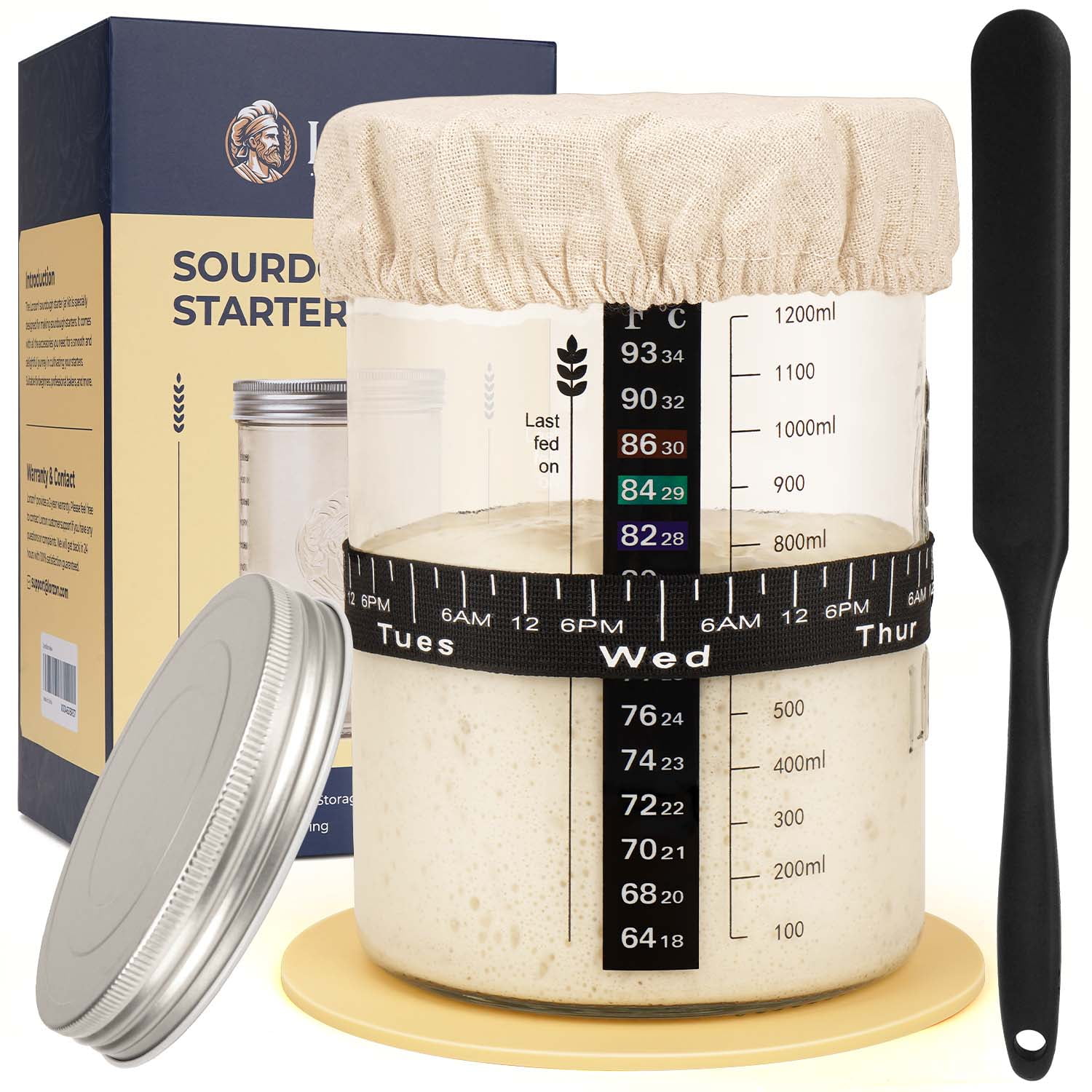 Sourdough Starter Jar Kit - 47 oz Large Wide Mouth Bread Starter Jar with Feeding Tracking Band, Silicone Spatula, Sourd