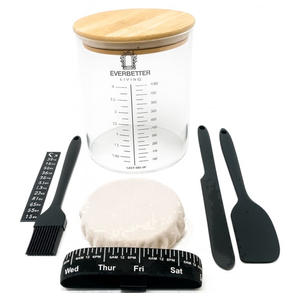 EverBetter Living Sourdough Starter Jar Kit, 50oz WideMouth Glass Fermentation & Storage Jar with Airtight Lid, Thermometer Strip, Cloth Cover, Silicone Tools