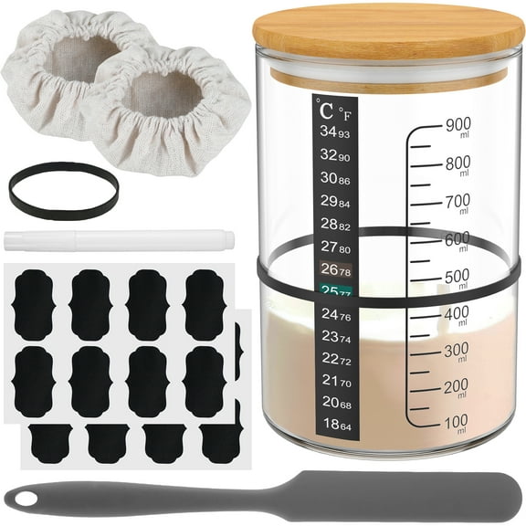 Sourdough Starter Jar Kit 900ml Sourdough Starter Container Glass Sourdough Fermentation Jar Wide Mouth with Wood Lid Rubber Band Spatula Thermometer Strip Labels Pen 2 Cloth Cover for Bread Baking