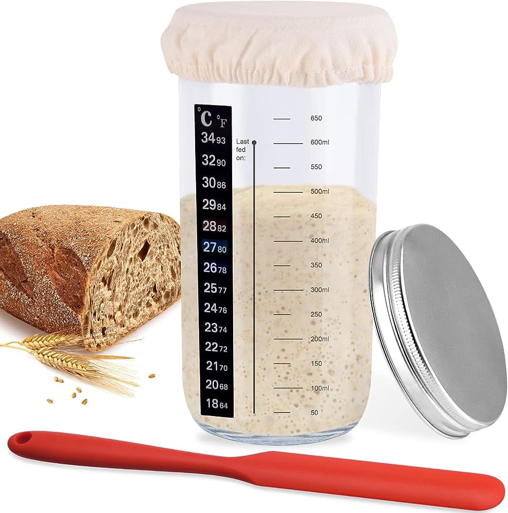 Sourdough Starter Jar, Sourdough Starter Kit With Thermometer, Scraper, Cloth Cover And Metal