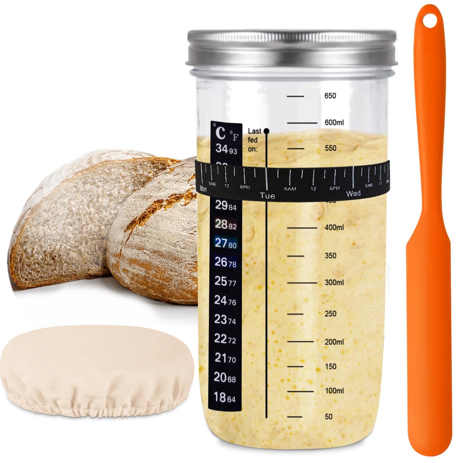 Sourdough Starter Kit - 730ml Glass Jar With Lid, Cloth Cover, Spatula, Thermometer, Labels & Pen For Bread Making