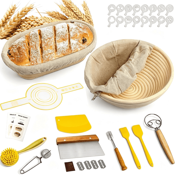Sourdough Starter Kit, Sourdough Bread Baking Supplies Set, Bread Making Kit with Round & Oval Bread Proofing Baskets Gift for Home Bakers