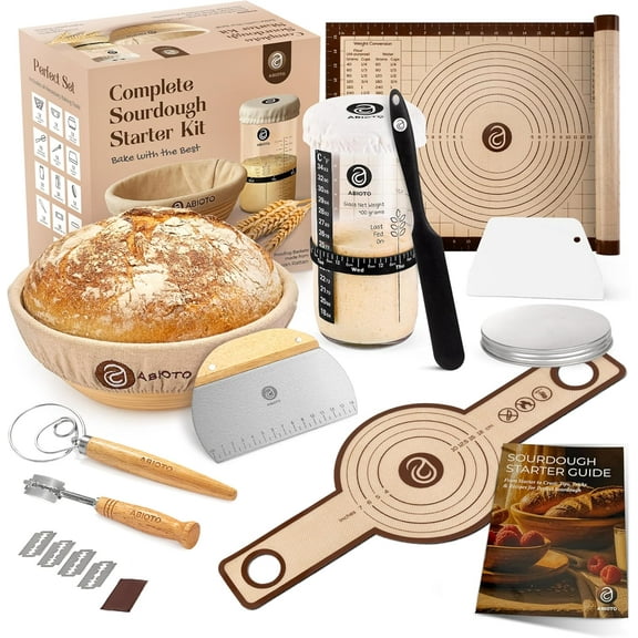 Sourdough Starter Kit with 9" Round Banneton Proofing Basket and 24oz Starter Jar - Beginner-Friendly Sourdough Bread Baking Supplies and Baking Gifts for Women, Men, and Bread Bakers