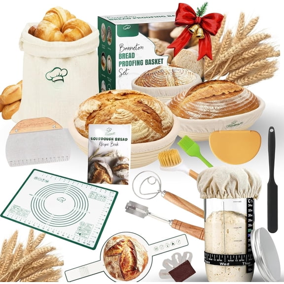 Sourdough Starter Kit - Banneton Bread Proofing Basket Set with Liners, Sourdough Bread Baking Supplies & Bread Making Tools - Includes two Banneton Basket, Tools with Sling & Kneading Pad