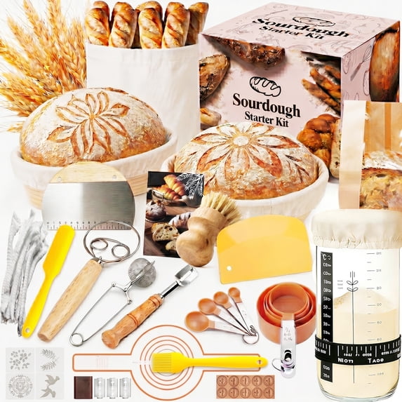 Sourdough Starter Kit for Beginners, 22PCS Sourdough Bread Baking Kit with 9” & 10” Banneton Proofing Baskets, Starter Jar with Thermometer & Aluminum Lid, Lame, Dough Mat, Bread Bags