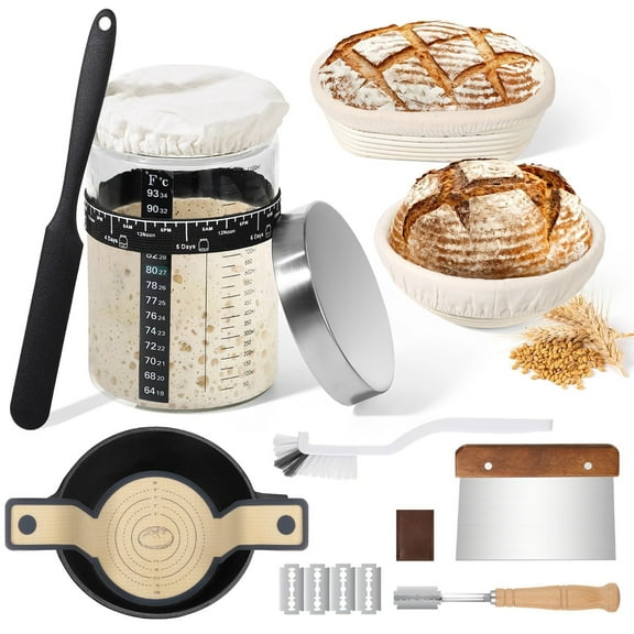 Sourdough Starter Kit, Bread Baking Supplies with 40oz Sourdough Jar, Bread Proofing Baskets, Baking Mat, Scraper, Dough Cutter, Bread Lame, Cleaning Brush, for Home & Bakery, Gift for Baking Lovers