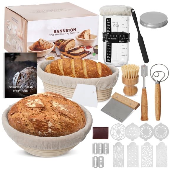 YEERSWAG 27PCS Sourdough Bread Baking Supplies Kit, 9" Round + 10" Oval Banneton Proofing Baskets Starter Jar with Temp. Tracking Band & Thermometer Strip, Scoring Stencils, Recipe – Complete Set