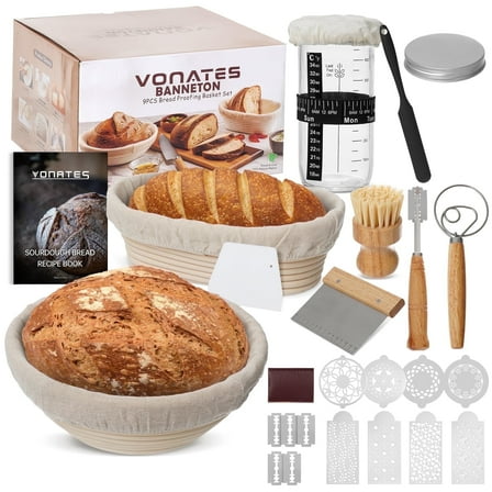 27PCS Sourdough Bread Baking Supplies Sourdough Starter Kit with Starter Jar with 9"Round& 10"Oval Banneton Proofing Baskets,