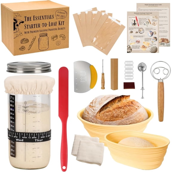 Sourdough Starter Kit, Complete Starter-To-Loaf Set with Instructions, Sourdough Starter Jar, Proofing Baskets, Danish Dough Whisk, Dough Scraper, Bread Lame & Sourdough Baking Supplies