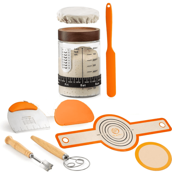 Sourdough Starter Kit, Handmade Cotton Rope oval and round banneton bread baskets with liners and covers, 35oz sourdough starter jar, essential bread baking tools