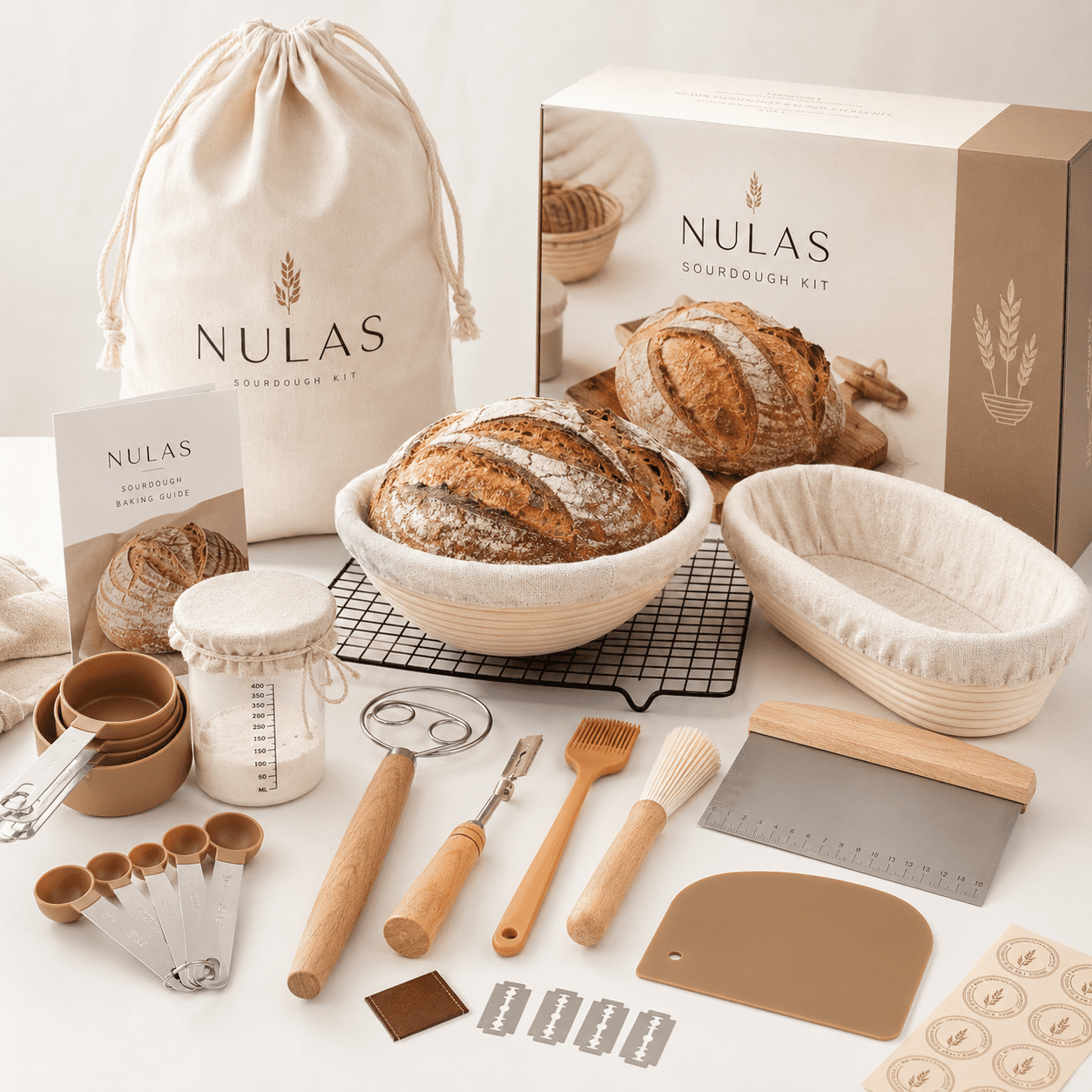 NULAS 52-Piece Sourdough Starter Kit , Oval Banneton Proofing Baskets, Bread Baking Supplies Set including Sourdough Jar, Perfect Baking Gifts for Beginners & Home Bakers