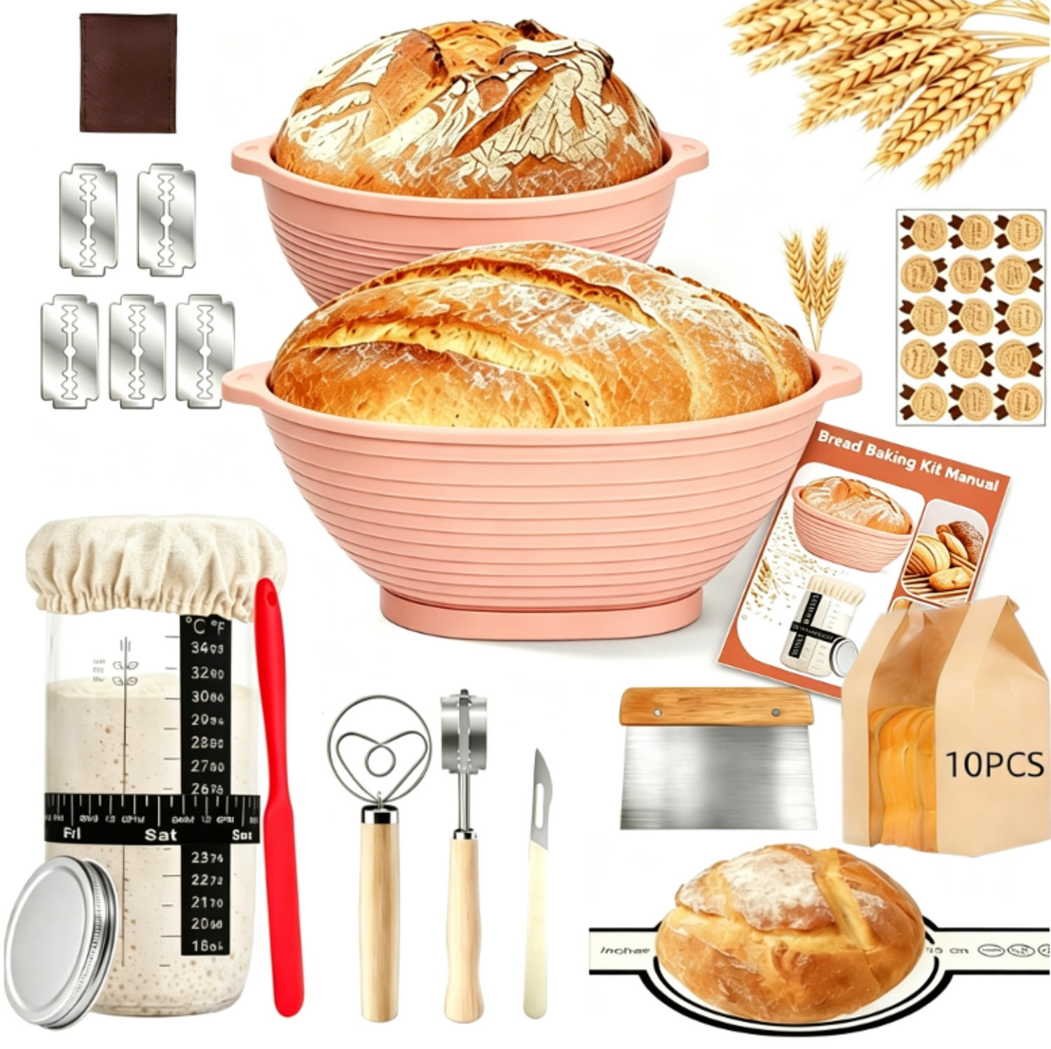 Sourdough Starter Kit, Complete Bread Baking Supplies with Round & Oval Silicone Bread Proofing Basket Set, Bread Making