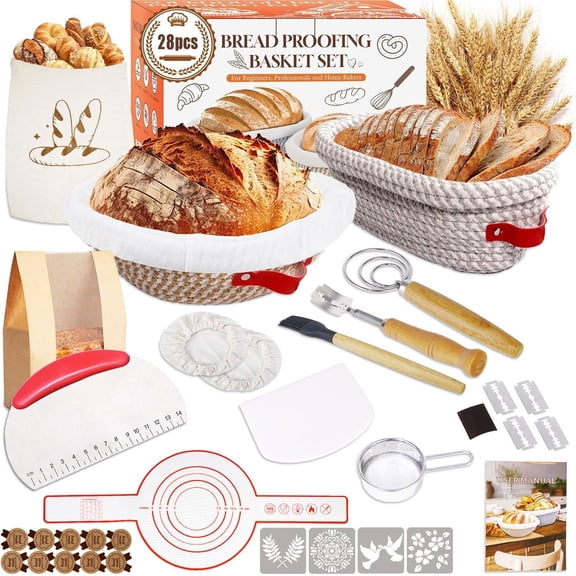 Sourdough Starter Kit, Sourdough Bread Baking Supplies, Rope Banneton Bread Proofing Basket Set with Sourdough Starter Jar for Bread Making Baking, Sour Dough Kit Tools Gifts for Bakers Women