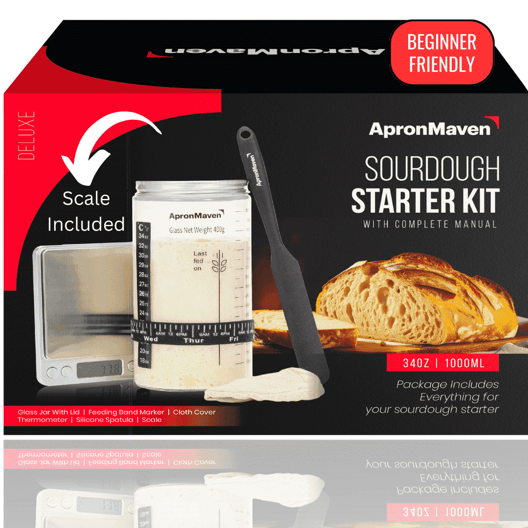 Apron Maven Deluxe Sourdough Starter Kit with Scale - 34 oz Jar, Accessories and Instructions - Sourdough Bread Baking Supplies Set - Unique Mothers Day Gift for Mom, Useful Birthday Gifts for Women,