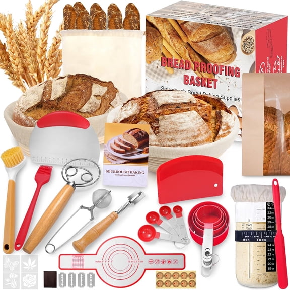 Sourdough Starter Kit with Round & Oval Banneton, Complete Bread Baking Supplies, Proofing Basket Jar, Making Tools for Beginners Bakers