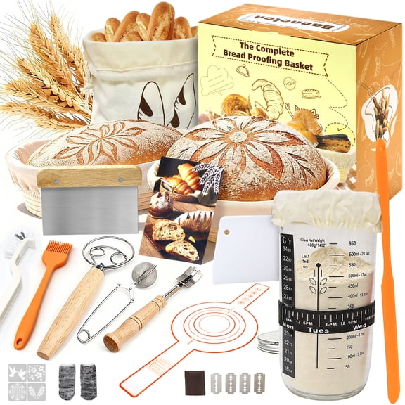 Sourdough Starter Set 12 Piece Bread Baking Supplies with Rattan Proofing Baskets Bread Lame and Dough Scraper for Beginner Bakers