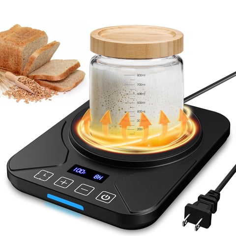 MYMULIKE Sourdough Starter Warmer Mat, 24-Hour Timer, Precise 1°F Thermostat Control (70-100°F), Smart Memory Warming on/off, Fits Jars Up to 40oz, for Home Baking (Black)
