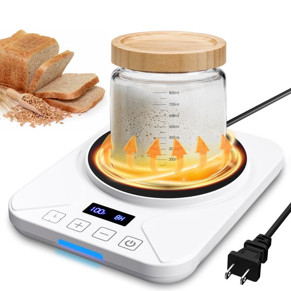 Sourdough Starter Warmer Mat, 24-Hour Timer, Precise 1°F Thermostat Control (70-100°F), Smart Memory Warming On/Off, Fits Jars Up to 40oz, Perfect for Home Baking (White)