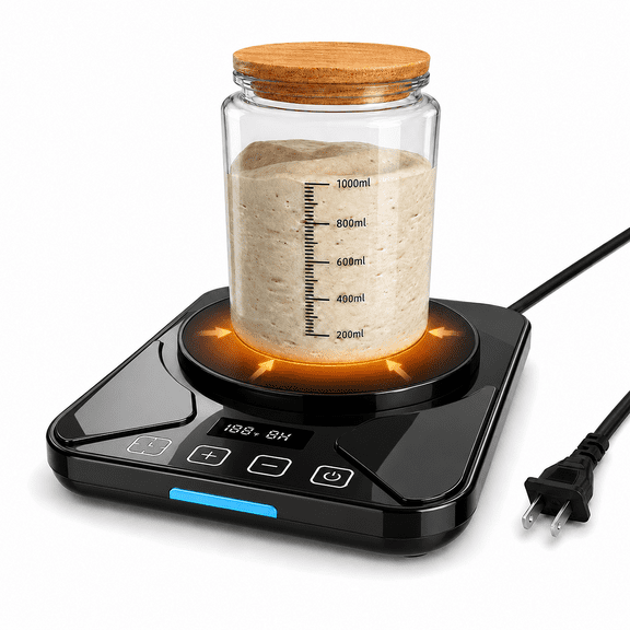 Sourdough Starter Warmer Mat - 24H Timer - Precise 1F Thermostat Control (70-100F) - Smart Memory Warming On/Off - Fits Jars Up to 40oz - Perfect for Home Baking (Black)