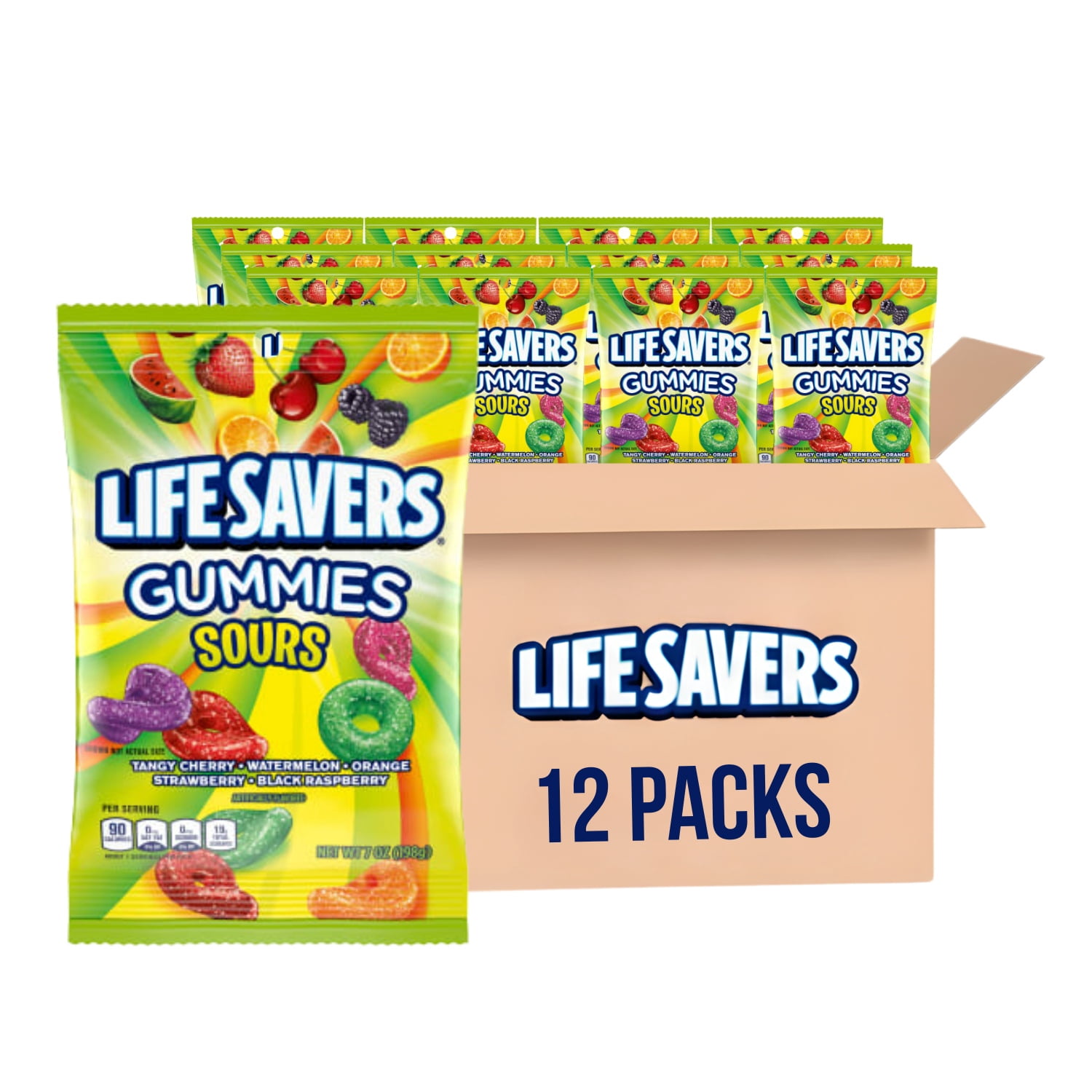 Sours Gummies Candy Bag, 7 Oz, Pack of 12 | Life Savers Tangy Cherry, Watermelon, Orange, Strawberry & Black Raspberry | Sour Punch for Snacks | Ships in an Aromatik™ Damage Proof Box