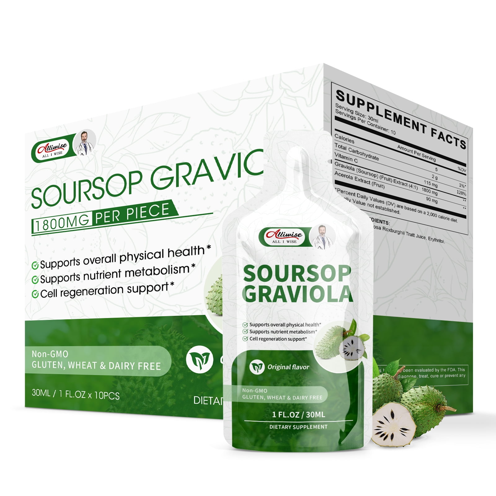 Soursop Graviola Liquid 1800mg, Soursop Extract Organic Pure for Cell Support & Regeneration, Immune Boost, High Absorption Soursop Bitters Drink/Oral Solution-10 FL OZ