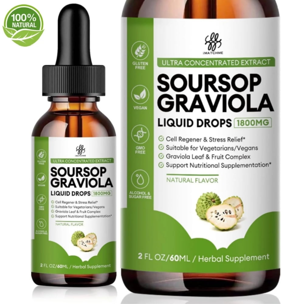 Soursop Graviola Liquid Drop, Nature Soursop Graviola Extract for Cell Support & Regeneration, Immune Boost, Relaxation, Soursop Bitters Liquid,  Sugar/Gluten Free, 2 fl oz