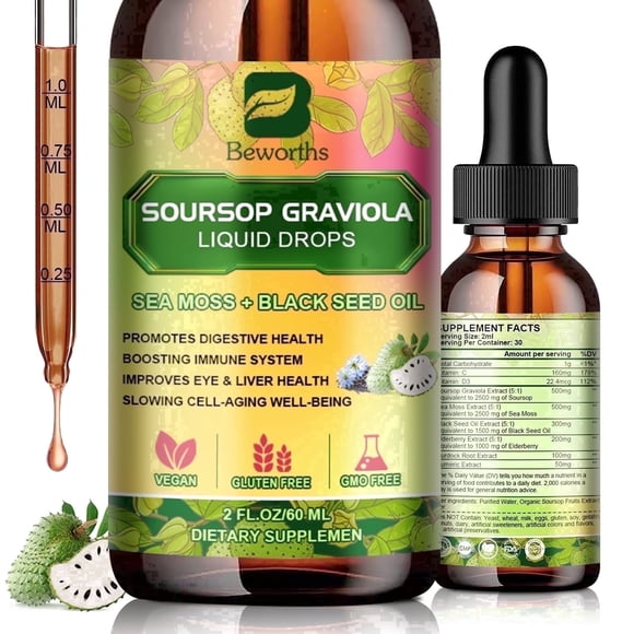 Soursop Bitter Liquid Drops,With Balckseed oil, Elderberry,Sea Moss,Soursop Graviola Guanabana Drop 2 Fl Oz