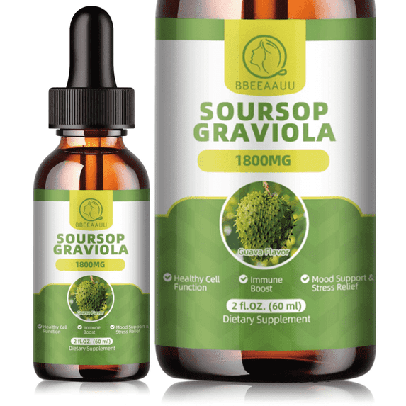 Soursop Graviola Liquid Drops 1800mg, Soursop Leaves Extract for Cell Regeneration, Immune, Gut, Antioxidant, Mood & Night Support, Soursop Bitters Liquid, High Absorption,Gluten-free, 2 fl oz