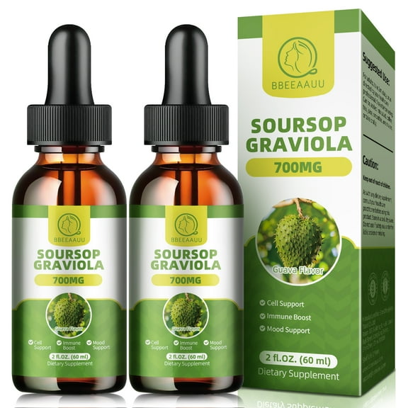 Soursop Graviola Liquid Drops 700mg, Soursop Leaves Extract for Immune, Gut, Antioxidant, Mood & Night Support, Soursop Bitters Liquid, High Absorption, Vegan, Natural Soursop Flavor, 2 fl oz,2 ack