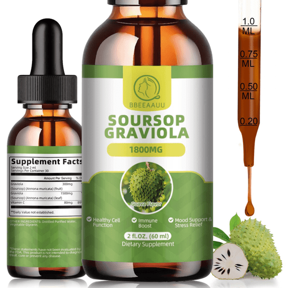 Soursop Graviola Liquid Drops 1800mg, Soursop Leaves Extract for Immune, Gut, Antioxidant, Mood & Night Support, Soursop Bitters Liquid, High Absorption, Vegan, Natural Soursop Flavor, 2 fl oz