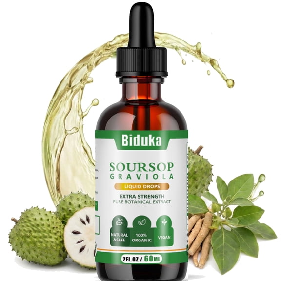 BIDUKA 3000mg Organic Soursop Graviola Liquid Drops for Men & Women, with Ashwagandha & Black Seed Oil, Immune & Antioxidant Support, Vegan Non-GMO, 2 fl oz