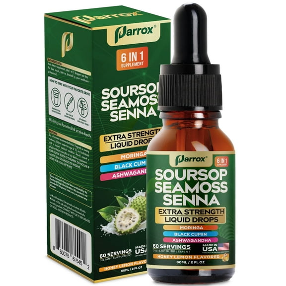 Soursop Seamoss Senna Liquid Drops with Moringa, Black Cumin Seed & Ashwagandha Root Extract, 6 in 1 Extra Strength Formula for Daily Wellness Support, Honey Lemon Flavor, 60 Servings