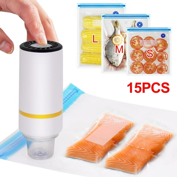 Sous Vide Bag & & Handheld Vacuum Sealer 15 pack Kit, 11 PCS 3 Sizes (6Pcs 8.5"x8", 3 Pcs 11"x 10" and 2 Pcs 13.5"x 10") Vacuum Sealer Zipper Bags for Food Storage, 2*sealing clips, 1*Dehumidifier cu