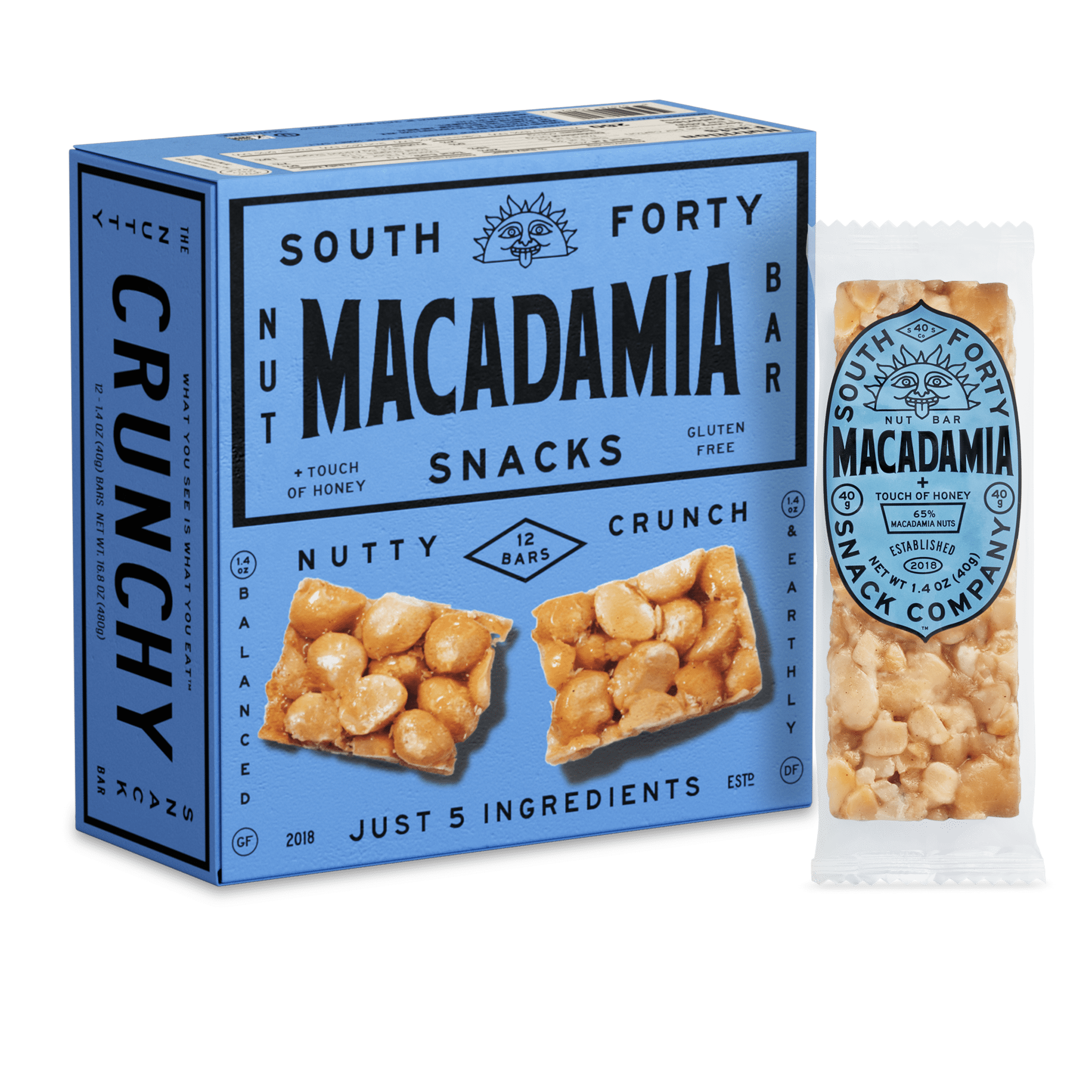 South 40 Snacks Crunchy Macadamia Bar, 40g Bar, 12 pack