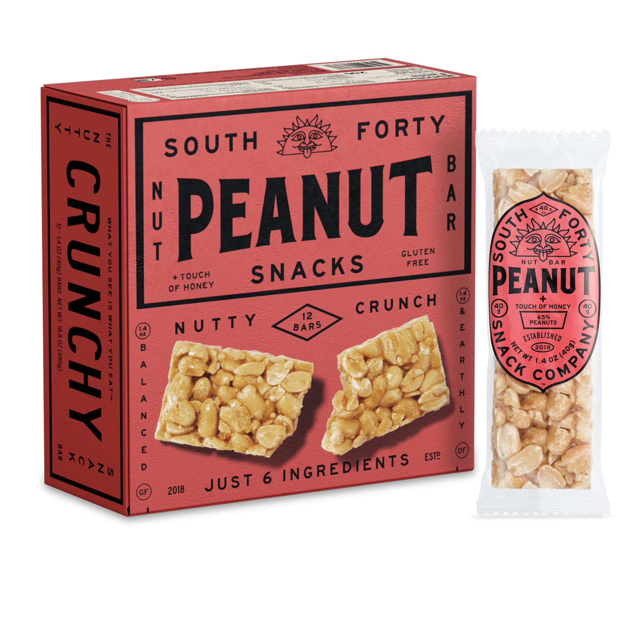 South 40 Snacks Crunchy Natural Protein Peanut Bars, 40g, 12 pack