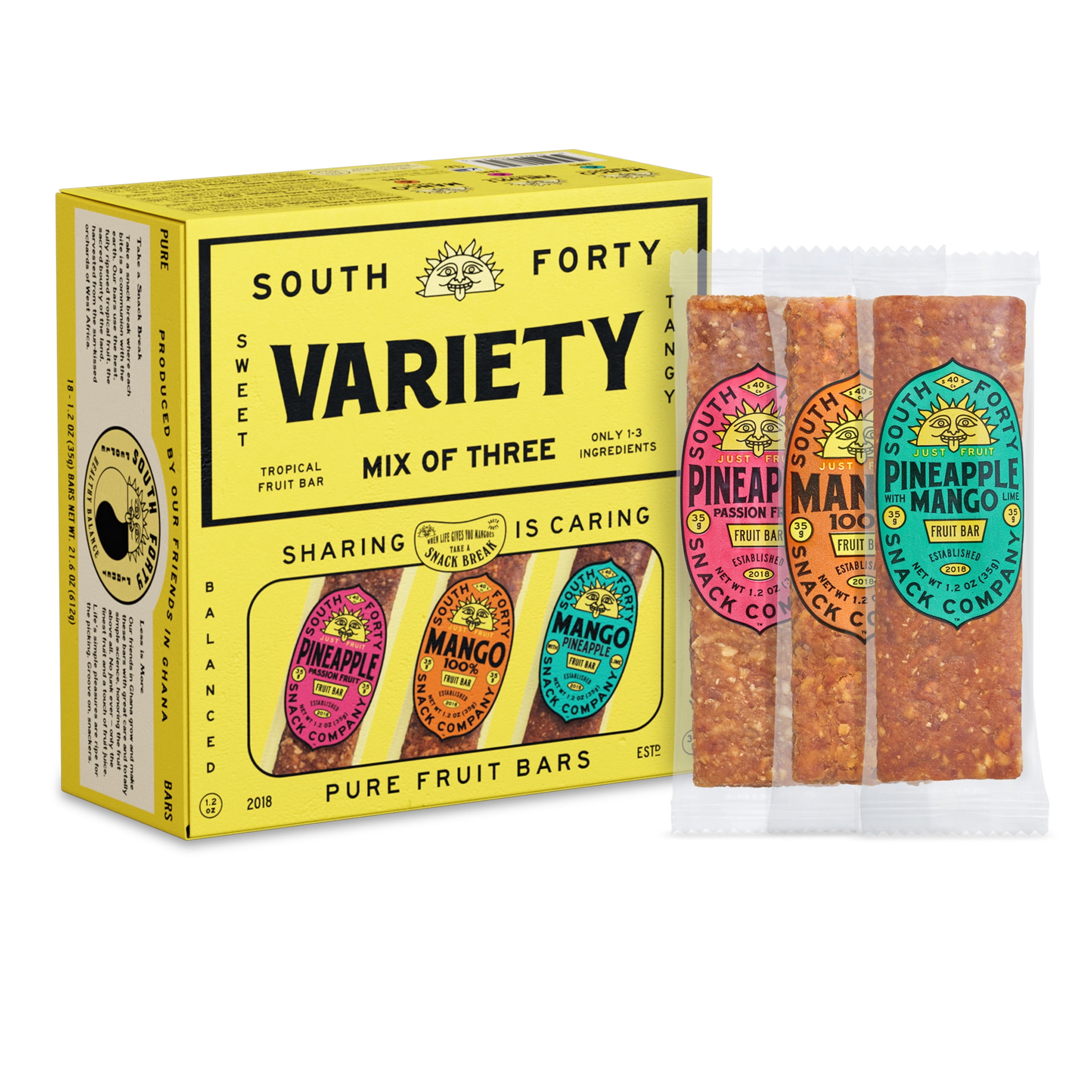 South 40 Snacks Tropical Chewy Dried Fruit Bars, Variety Mix of 3, 18 pack
