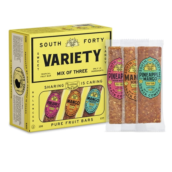 South 40 Snacks Premium Tropical Fruit Bars Mix of 3 Variety Pack, Just 1-3 ingredients, Mango, Pineapple Passionfruit, and Pineapple Mango Lime (35g Bar, Pack of 18)