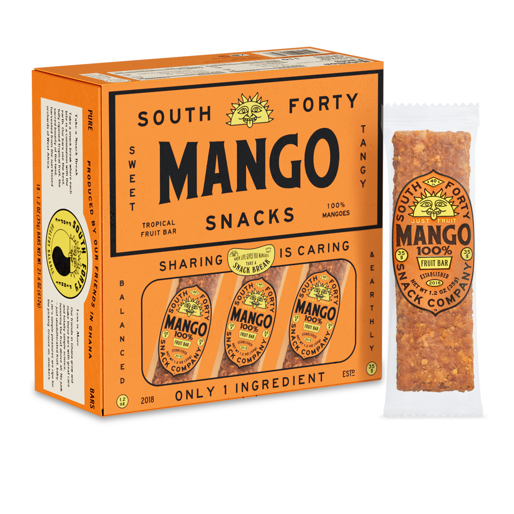 South 40 Snacks Tropical Mango Dried Chewy Fruit Bar, 35g, 18 pack