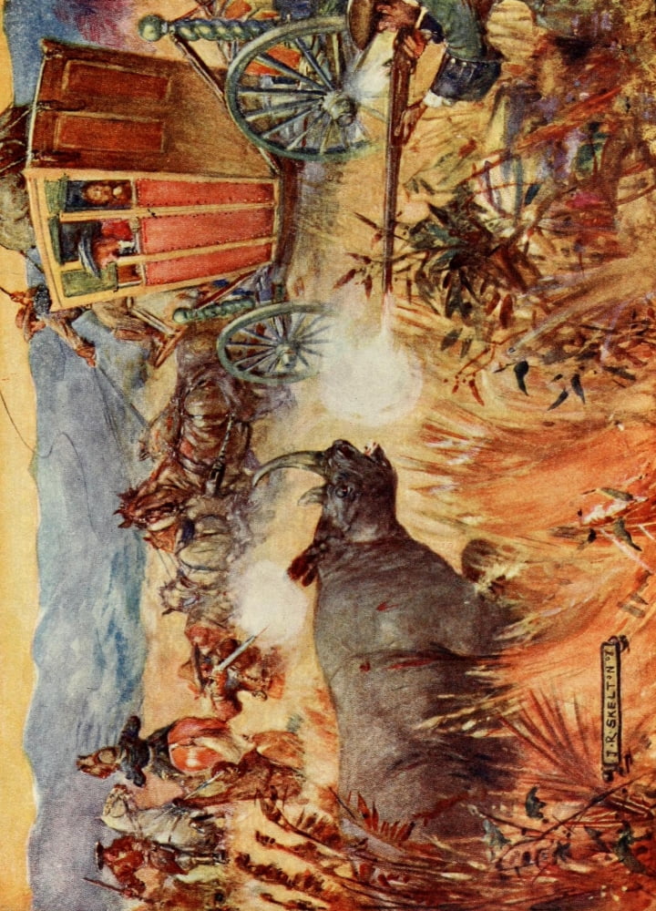 South Africa 1909 A rhinocerous charged Canvas Art - Joseph R Skelton (24 x 36)