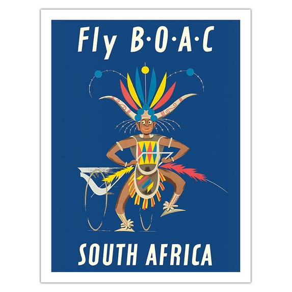 South Africa - African Zulu Dancer - Fly BOAC (British Overseas Airways Corporation) - Vintage Airline Travel Poster by Aldo Cosomati c.1953 - Fine Art Matte Paper Print (Unframed) 20x26in