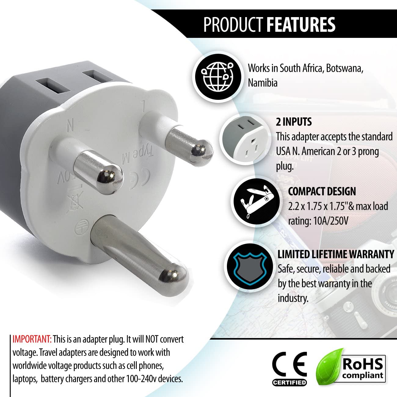 South Africa, Botswana, Namibia Power Plug Adapter with 2 USA Inputs