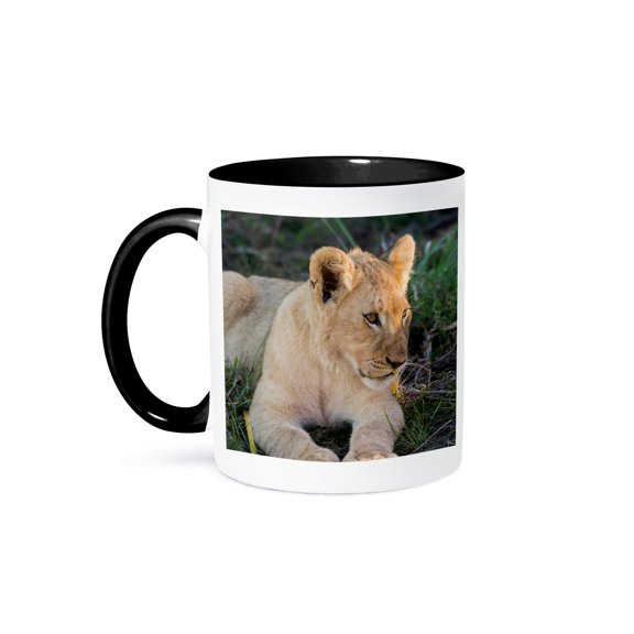 3drose, South Africa, Eastern Cape, Inkwenkwezi Game Reserve. Lion Cub., 11oz Two-tone Black Mug