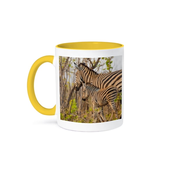 3drose, South Africa, Game Reserve. Mother and Juvenile Zebras., 11oz Two-tone Yellow Mug