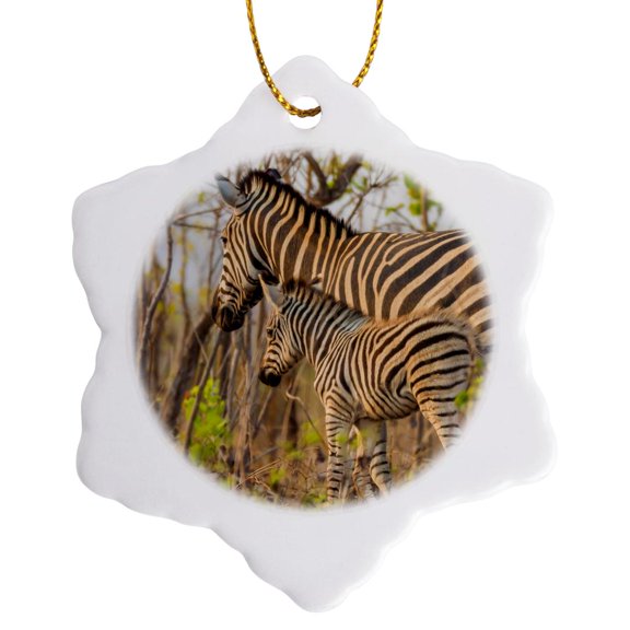 3drose, South Africa, Game Reserve. Mother and Juvenile Zebras., 3 inch Snowflake Porcelain Ornament