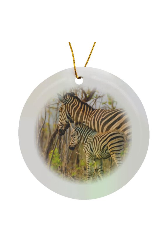 , South Africa, Game Reserve. Mother and Juvenile Zebras., Circle Porcelain Ornament
