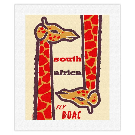 South Africa - Giraffes - Fly BOAC (British Overseas Airways Corporation) - Vintage Airline Travel Poster by H. Niezen c.1950s - Fine Art Rolled Canvas Print 16in x 20in