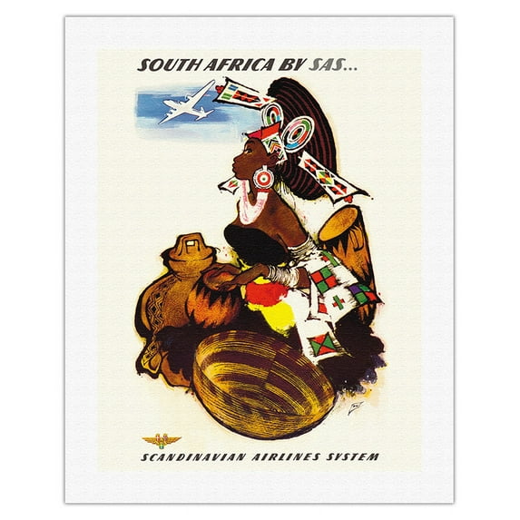 South Africa - by SAS Scandinavian Airlines System - African Women Drummer - Vintage Airline Travel Poster by Otto Nielsen c.1952 - Fine Art Rolled Canvas Print 20in x 26in