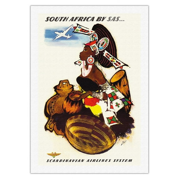 South Africa - by SAS Scandinavian Airlines System - African Women Drummer - Vintage Airline Travel Poster by Otto Nielsen c.1952 - Fine Art Rolled Canvas Print 27in x 40in
