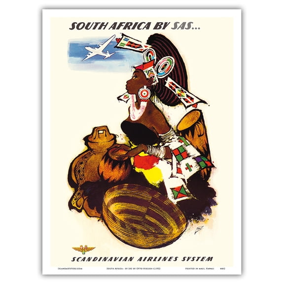 South Africa - by SAS Scandinavian Airlines System - African Women Drummer - Vintage Airline Travel Poster by Otto Nielsen c.1952 - Master Art Print (Unframed) 9in x 12in