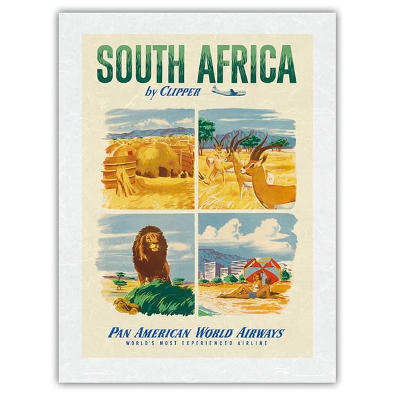 South Africa by Clipper - Pan American World Airways - Vintage Airline Travel Poster c.1951 - Japanese Unryu Rice Paper Art Print 24 x 32 in